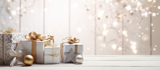 Poster - Elegant arrangement of Christmas presents in silver and gold on a pristine white wooden backdrop with softly glowing lights in the background