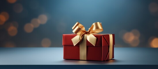 Poster - Red gift box with a gold ribbon placed centered on a soft blue background, soft bokeh lights adding a warm ambiance in the background.