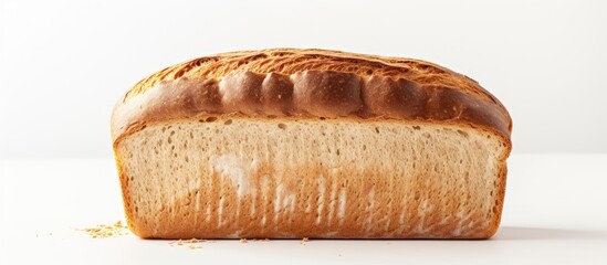 Poster - Freshly baked golden brown loaf of bread centered on a white background with space for text or design above and below the loaf.