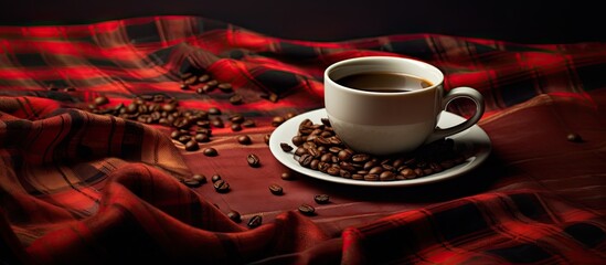 Aufkleber - Checkered fabric in red and black draped with a coffee cup on a white saucer, surrounded by coffee beans, creating elegant copy space.
