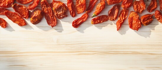 Aufkleber - Sun-dried whole tomatoes scattered on a light wooden table, casting soft shadows, with ample copy space for text above and below.