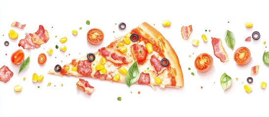 Poster - Colorful pizza slice topped with bacon cherry tomatoes corn and olives on a white background with scattered ingredients around the slice.