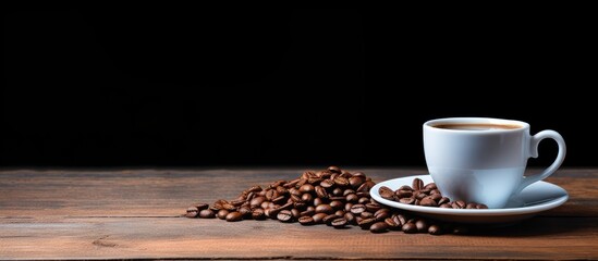 Poster - Coffee cup filled with dark coffee placed on left side on wooden table with scattered coffee beans on right side against black background