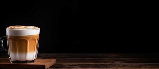 Poster - Warm latte in a clear glass on a wooden table, creamy layers with foam, dark background creating a cozy atmosphere, ample copy space on the right.