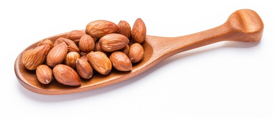 Poster - Rustic wooden spoon filled with assorted Macedonian nuts placed centrally on a clean white background with soft natural light for a fresh look