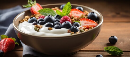 Aufkleber - Bowl of creamy yogurt topped with vibrant fresh strawberries blueberries and granola placed on a wooden table with green mint leaves adorning it