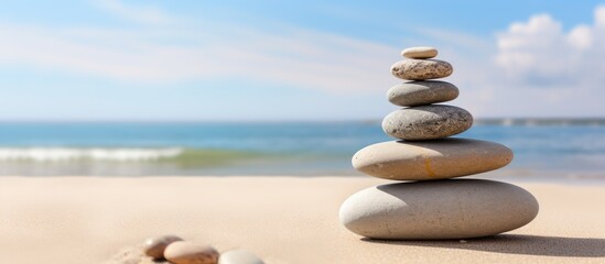 Poster - Balanced stones stacked on sandy beach with gentle waves and blue sky in the background, highlighting tranquility and harmony in nature