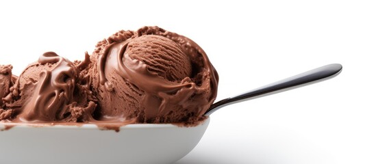 Poster - Close up view of a creamy scoop of dark chocolate ice cream in a white bowl with a silver spoon against a bright white background with copy space