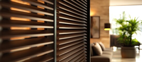 Fototapete - Elegant dark oak louver panels positioned in the foreground with warm light filtering through, enhancing a stylish interior with greenery and soft furnishings.