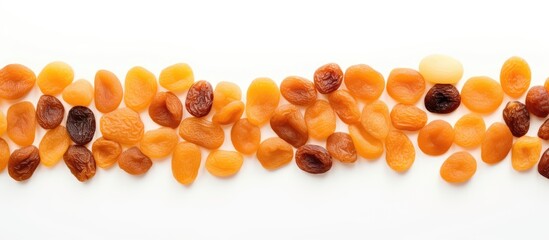 Poster - Top view of neatly arranged dried apricots in vibrant orange and golden hues on a white background with ample copy space for text placement
