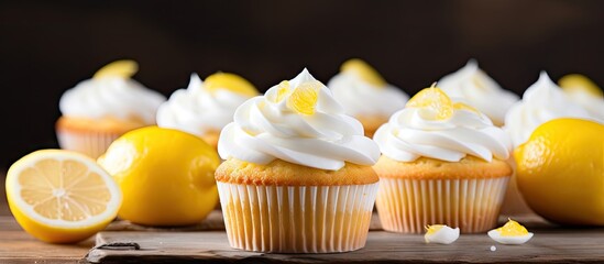 Poster - Homemade lemon cupcakes arranged on a wooden background, topped with white frosting and garnished with fresh lemon slices, featuring bright yellow hues.