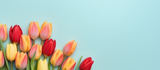 Poster - Vibrant tulips in red, pink, and yellow arranged in a flat lay style against a light blue background offering ample copy space for text