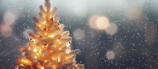 Poster - Closeup of a shimmering Christmas tree adorned with warm glowing lights against a soft snowfall background creating a cozy winter ambiance