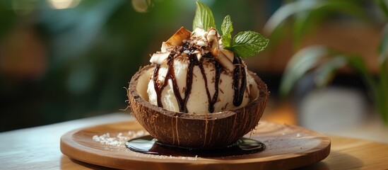 Poster - Coconut ice cream in a coconut shell with chocolate syrup and mint leaves on a wooden plate; vibrant greens in the background, warm tones.