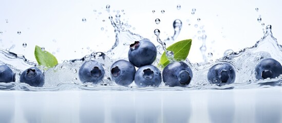 Fototapete - Fresh organic blueberries splash in clear water, surrounded by air bubbles and green leaves, with a bright white background for contrast.