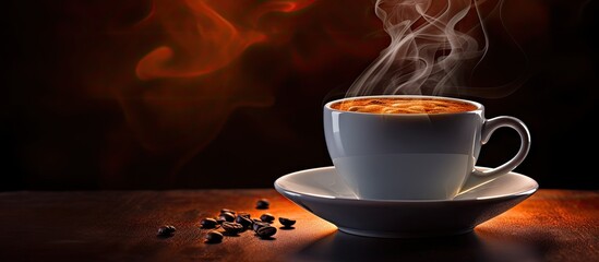 Poster - Steaming cup of brewed coffee on a dark wooden surface with scattered coffee beans and swirling steam against a warm gradient background