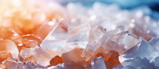 Aufkleber - Close up macro view of translucent sea salt crystals in shades of white and light orange scattered on a textured surface with soft focus background