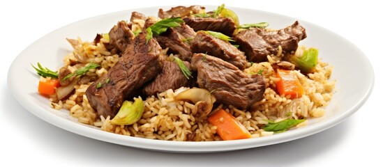 Poster - Delicious plate of homemade fried rice with tender grilled lamb beautifully arranged on white background with fresh green herbs and vibrant vegetables