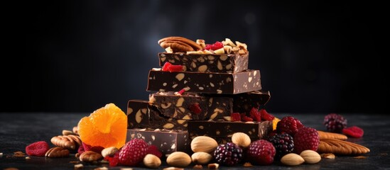 Poster - Homemade chocolate nut and dried berry candy stacked on a sleek black table with vibrant orange and mixed berries against a dark background