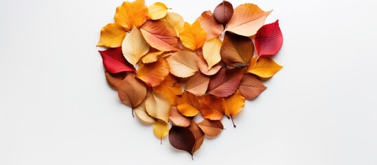 Poster - Heart-shaped arrangement of autumn leaves in vibrant hues of orange, yellow, red, and brown on a white background, symbolizing seasonal beauty.