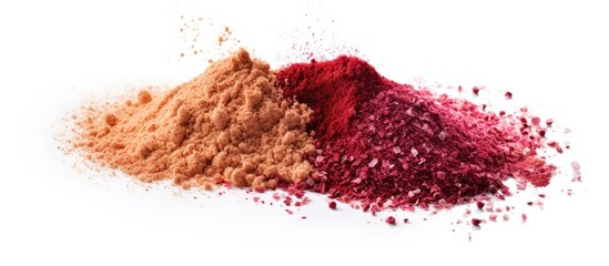 Poster - Close up of ground pink and red pepper on a white background; pink pepper on left, red pepper on right; vibrant colors create a spice packaging concept.