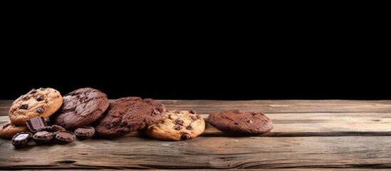 Poster - Rustic wooden cutting board with assorted freshly baked chocolate cookies in warm browns positioned left with black background ideal for food photography