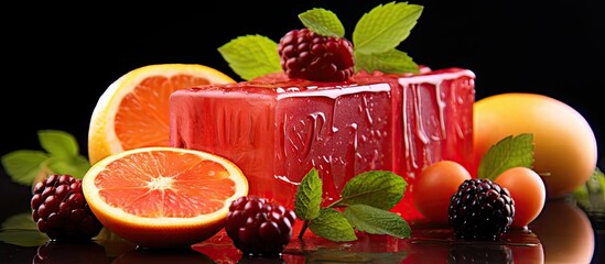 Poster - Vibrant red and orange fruit soap surrounded by fresh citrus slices and blackberries on a reflective black surface with ample copy space.
