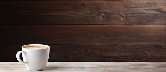 Poster - White coffee cup filled with coffee on a rustic wooden table with dark wood background creating a cozy atmosphere for copy space usage