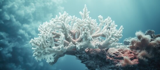 Poster - Vibrant hard coral cluster under clear blue water with soft light illuminating coral formations against a tranquil ocean backdrop