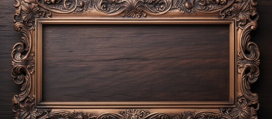 Leinwandbilder - Antique bronze photo frame with intricate details on a dark wooden wall background showcasing ample copy space for decorative concepts
