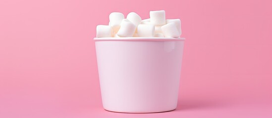Poster - White marshmallows piled high in a light pink paper cup centered against a soft pink background showcasing ample space for text or additional images.