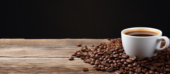 Poster - Vintage white cup filled with coffee positioned left on a rustic wooden background surrounded by scattered roasted coffee beans on dark surface.