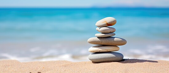 Poster - Peaceful stacked stones on sandy beach with turquoise blue ocean background and clear sky, ideal for wellness and tranquility themes.