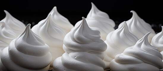Poster - Delicate fluffy white French vanilla meringue cookies arranged in a row against a dark background showcasing texture and shape for copy space usage
