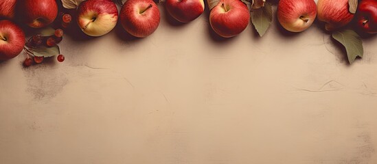 Poster - Vintage paper background featuring a row of red and green apples along the top edge with ample empty space for text below, warm earthy tones.