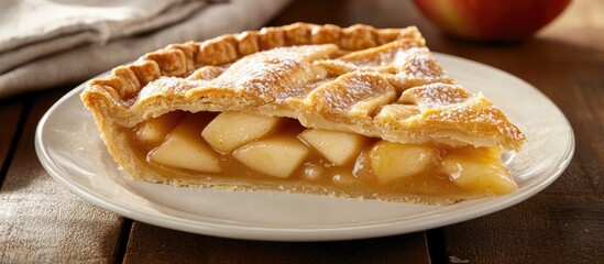 Poster - Rustic apple pie slice on a white plate with golden crust and visible apple filling, set against a wooden table background with a soft gray cloth.