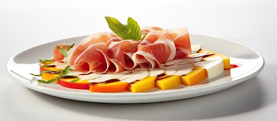 Poster - Plate of sliced prosciutto and chicken breast garnished with fresh basil, surrounded by colorful strips of bell peppers and decorative herbs on a white background.