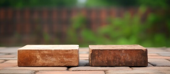 Leinwandbilder - Vintage close-up of two weathered bricks, one light and one dark, atop a textured concrete ground with natural greenery blurred in the background.