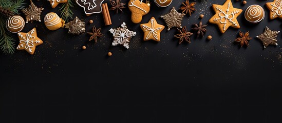 Poster - Festive flat lay of golden star-shaped cookies and gingerbread on a black background with spices and pine for a cozy holiday vibe.
