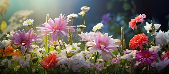 Aufkleber - Vibrant display of pink, white, and red flowers in a lush green backdrop with soft sunlight creating a dreamy atmosphere and ample copy space