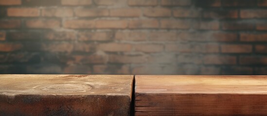 Poster - Vintage close-up of two aged bricks on a weathered concrete surface against a blurred rustic brick wall background, warm earthy tones.