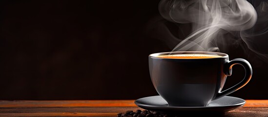 Poster - Steaming black coffee cup on dark wooden table with rich brown tones and wisps of steam rising against a deep black background