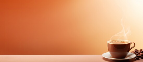 Aufkleber - Warm coffee cup on a saucer with steam rising on an orange gradient background, coffee beans to the right, creating a serene break atmosphere.