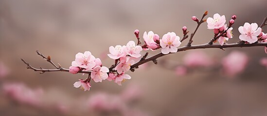 Aufkleber - Delicate pink almond tree blossoms branch extending across the image with earthy brown blurred background creating a tranquil copy space.
