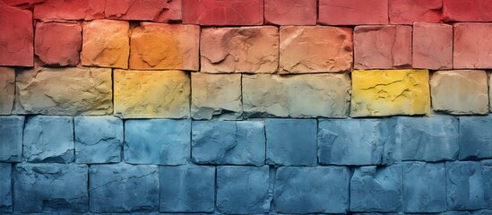 Poster - Textured wall surface featuring a gradient of vibrant red, orange, yellow, and blue colors arranged in horizontal bands for captivating backgrounds.