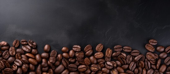 Poster - Close up of roasted coffee beans on a textured dark slate background with a subtle gradient, positioned along the bottom edge for copy space.