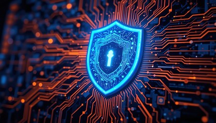 Fototapete - Cybersecurity Shield, A digital shield glows with vibrant blue and orange hues, symbolizing robust protection within a complex network of circuits. It evokes a sense of security, resilience, 8k image