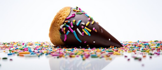 Poster - Chocolate covered cone with colorful sprinkles tilted on a white surface surrounded by scattered vibrant sprinkles against a bright background.