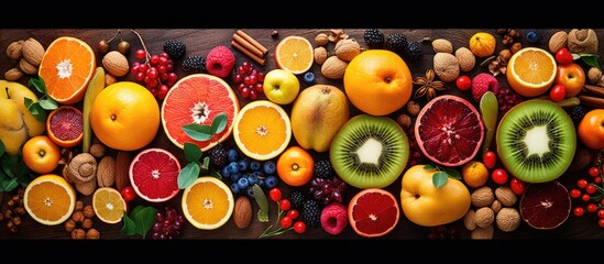 Poster - Colorful assortment of exotic fruits including oranges kiwis and berries arranged on a dark wooden surface with inviting copy space at the top