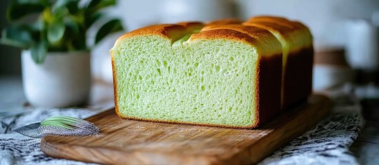 Aufkleber - Freshly baked gluten free Pandan bread loaf displayed on a wooden cutting board with green and brown hues in a soft kitchen setting near a potted plant.
